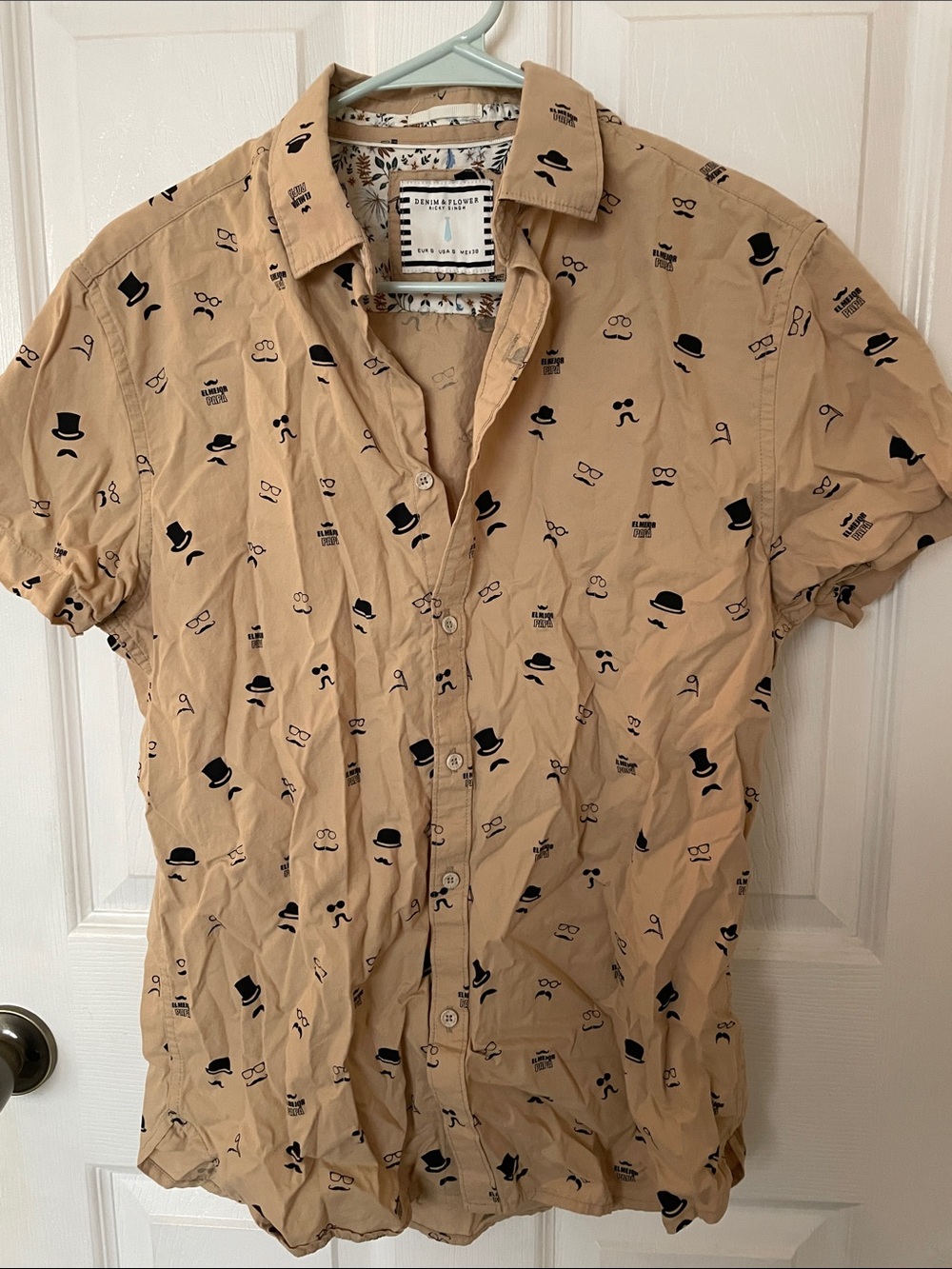 Denim & Flower Tan Short-Sleeve Button-Down Shirt with Black Novelty Icons